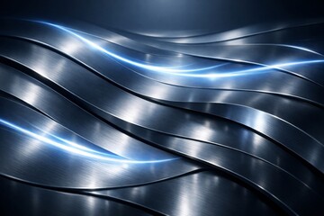 Futuristic Metallic Flow Waves With Blue Light Reflections Abstract High-Tech Liquid Metal Background
