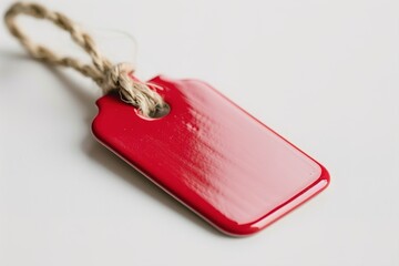 A red sale tag with a string hole is shown against a white background. This tag is used to indicate discounts on items in a retail setting. It helps shoppers find sales