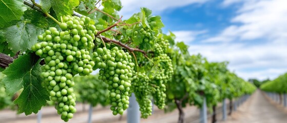 Green grapes hanging from branches in a vineyard during daylight near a long row of grapevines under a clear sky with scattered clouds