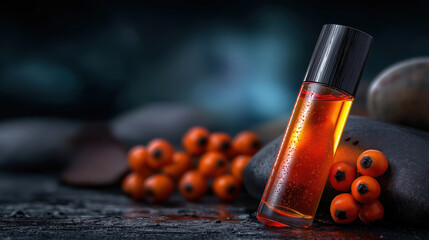Bottle of oil placed on dark stones with berries nearby at night