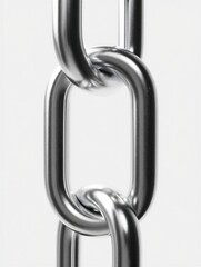Obraz premium Close-up view of interconnected shiny metallic chain links against a white background. Strong connection and durability concept.