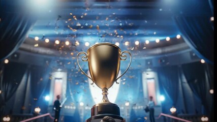 Golden trophy shining on a grand stage with falling confetti, symbolizing ultimate success and triumph at a prestigious award ceremony, celebrating outstanding achievements