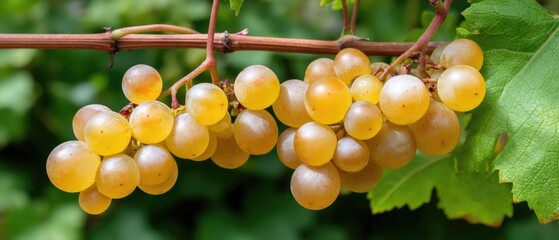 Bunch of yellow and white grapes hanging from a vine surrounded by green leaves in sunlight on a warm day ready for harvest
