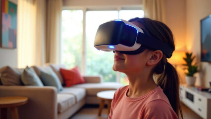 Caucasian child wearing virtual reality headset in playful room interior. Digital generation exploring new worlds from comfort of home