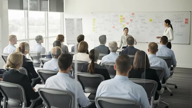 Business Meeting in Modern Office with Diverse Professionals Engaged in Strategic Discussions