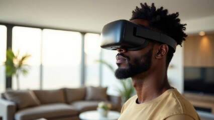Adult African-American man in VR glasses standing in contemporary living room. Representation in tech, virtual gaming or professional simulation