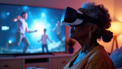 Elderly African-American woman wearing virtual reality headset in home interior. Senior exploring digital worlds, representation in tech adoption