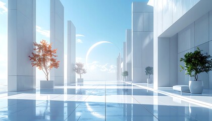 Bright Minimalist Interior with Plants and Open Sky View.