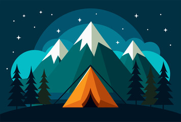Mountain Camping Scene Vector Illustration with Tent at Night