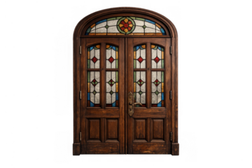 Arched double door showing detailed stained glass transom and panels, dark wood, and old handle, on transparent background