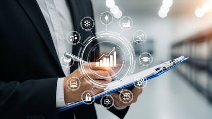 Business professional analyzing a digital chart with futuristic icons representing various economic sectors and growth.
