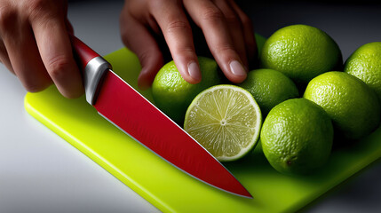 Cutting limes with a red knife on a green cutting board at home