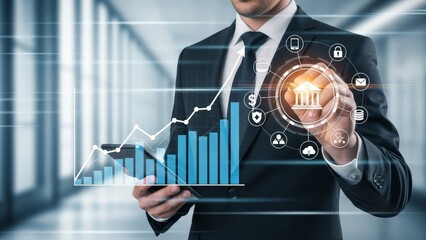 Business professional interacts with a digital banking system and a financial growth bar graph hologram.