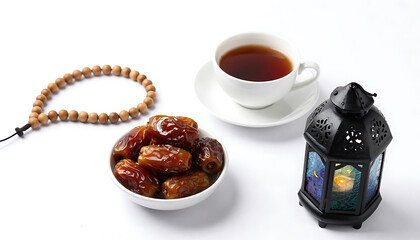 Ramadan iftar table setting with dates tea and lantern on white
