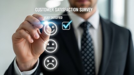 Businessman checks 'very satisfied' on a digital customer satisfaction survey with smiley face icons.
