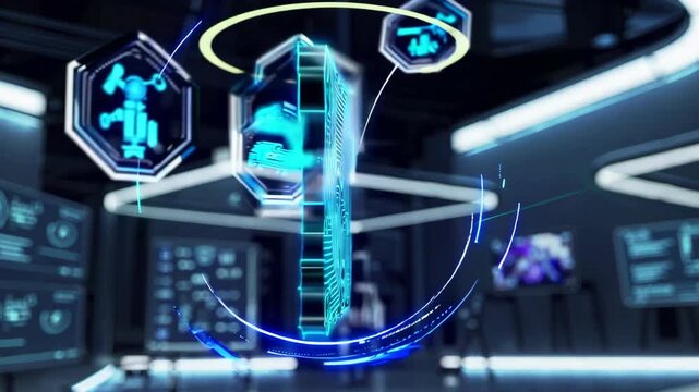 A high-tech digital interface depicting a glowing circuit board with ai and robotics icons, set against a sleek, modern tech lab environment. highlights the concept of advanced technology and innovati