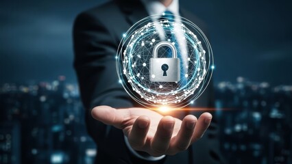 Businessman holds a glowing digital padlock symbol within a global network, symbolizing data protection.