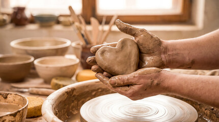 Hands shape a heart from clay in a pottery studio with tools and other pottery pieces visible in the background during daylight