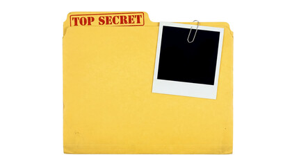 Document folder with top secret label and empty polaroid picture attached, set on a plain background, highlighting the concept of confidential information and secrecy in a clear manner