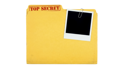 Document folder with top secret label and empty polaroid picture attached, set on a plain background, highlighting the concept of confidential information and secrecy in a clear manner