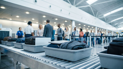 At the airport, travelers patiently navigate through security checks, placing their bags on the conveyor belt while many others wait in line for screening