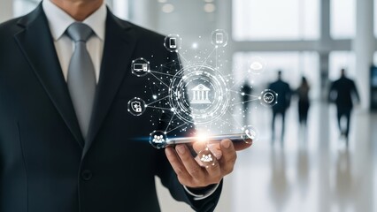Businessman holds a smartphone displaying a glowing digital network of financial icons and data.