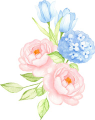 Peoniea, Hydrangea and Tulips Watercolor Floral Bouquet