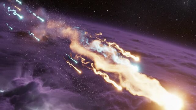 Cosmic Dance: An interstellar ballet of celestial phenomena. A breathtaking visual of meteors streaking through space.