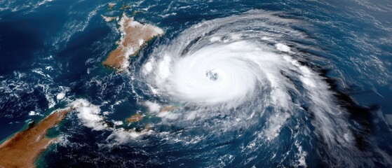 Hurricane view over ocean and land with swirling clouds and storm center captured from above during daylight hours