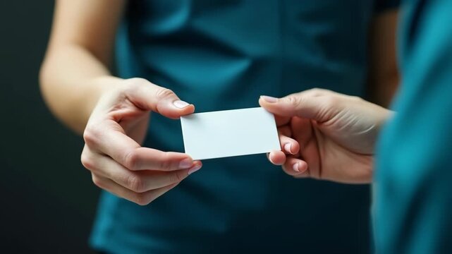 A close-up shot of two people exchanging a blank business card. The image represents networking, business communication, and professional connection in a modern context.