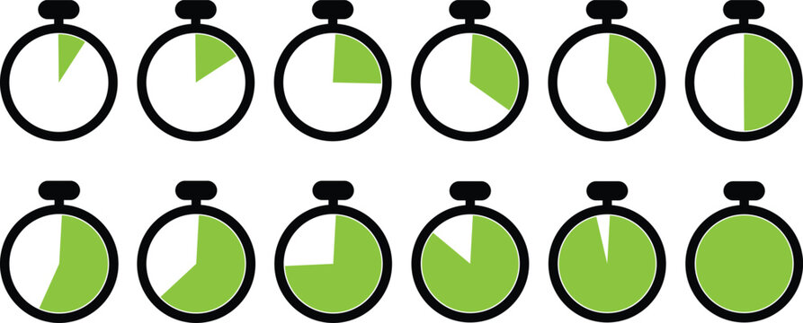 Green and white pie chart stopwatch icons on white background