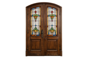 Vintage wooden double door featuring ornate stained glass panels and an arched top, isolated on transparent background