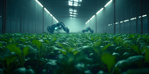 High-tech indoor hydroponic farm utilizes LED grow lights for sustainable agriculture. Long rows of lush green leafy vegetables in controlled greenhouse environment. Innovative vertical farming scene