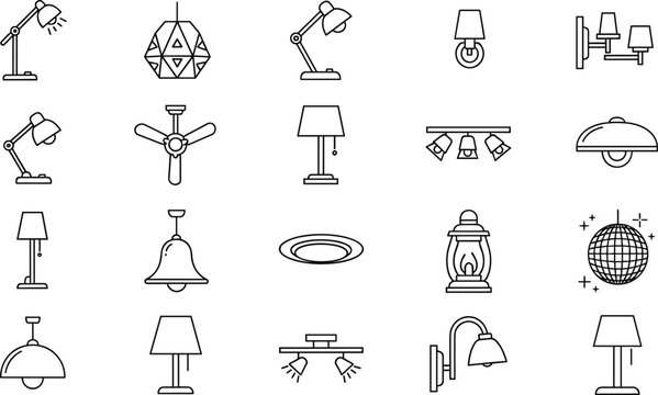 Black line icon set of lighting fixtures featuring desk lamps, ceiling chandeliers, wall sconces, and interior decoration elements vector