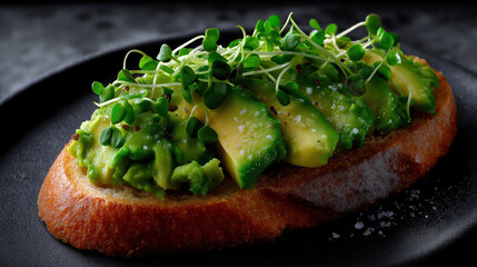 Fresh avocado toast served on whole grain bread with sprouts
