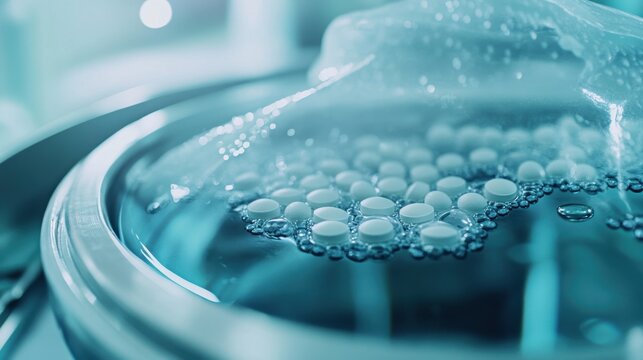 White water purification tablets dissolving in clear liquid with bubbles - Powered by Adobe