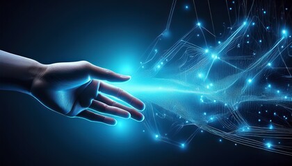 hand reaching out to touch glowing blue abstract shape representing innovation technology and a futuristic connection perfect for modern branding and digital concepts