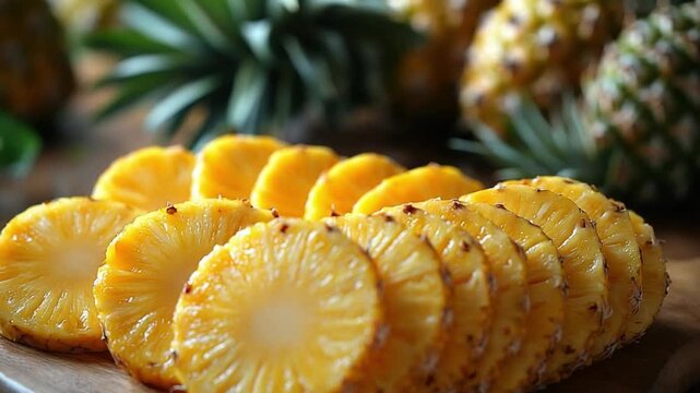 Sliced Pineapple Paradise: Vibrant slices of juicy pineapple artfully arranged, promising a taste of tropical bliss and sunshine. 