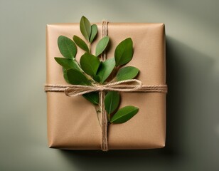 gift wrapped in natural paper accented with fresh green foliage