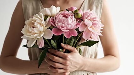 Woman holding fresh pink and white peonies with closed eyes. The image conveys serenity, empowerment, and appreciation for beauty. Ideal for spring promotions or greeting cards.