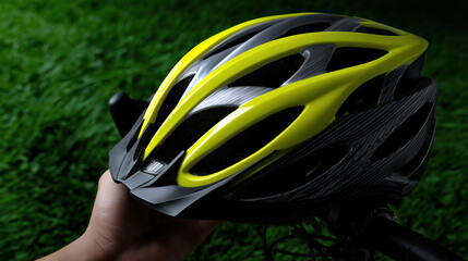 Hand holding a black and yellow bicycle helmet on green grass