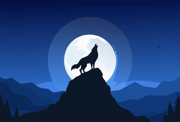 Wolf Howling at Full Moon on Mountain Peak at Night