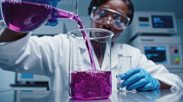 African American woman in lab coat pouring purple chemical into a beaker. Concept of women in STEM and scientific research. Professional footage for medical or educational projects.