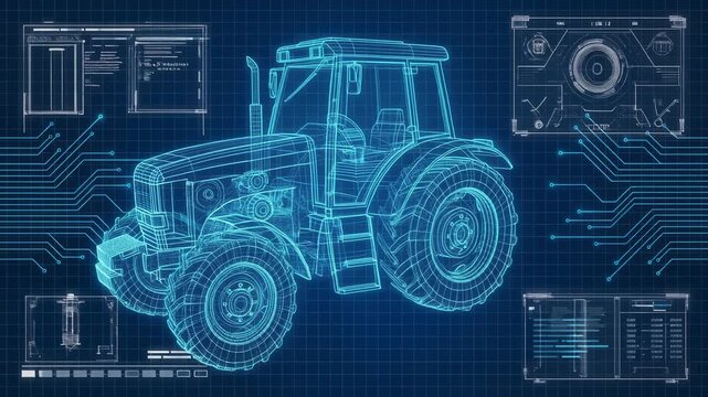 Blueprint of a tractor with detailed technical schematics and circuit designs for farming machinery