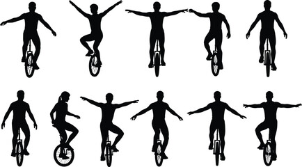 Black and white unicycle performers silhouette collection, minimalist circus balancing icons, dynamic unicyclist stunts vector set, modern one wheel athletic performance, © Samina