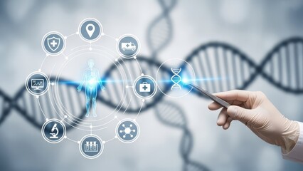 Doctor interacts with a glowing human model and health icons, demonstrating advanced medical technology.