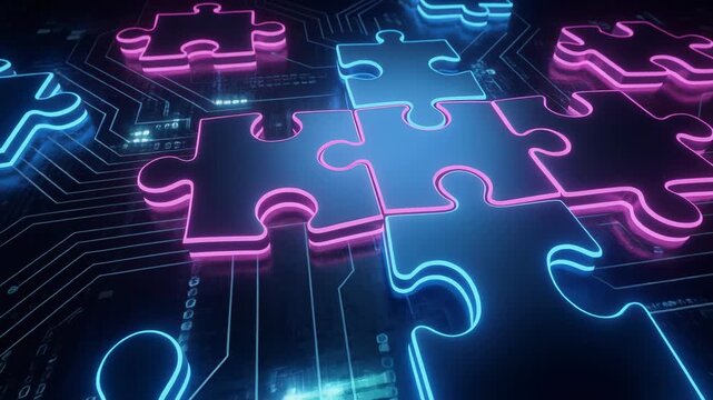 Vibrant puzzle pieces on a digital circuit background, symbolizing technology and innovation