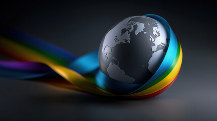 World globe surrounded by rainbow ribbon representing unity and diversity