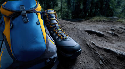 Hiking gear on a muddy trail in the forest near a mountain