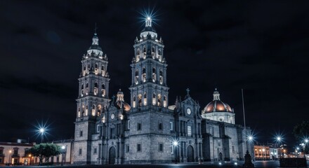 Large, ornate stone cathedral lit at night under a dark, starry sky